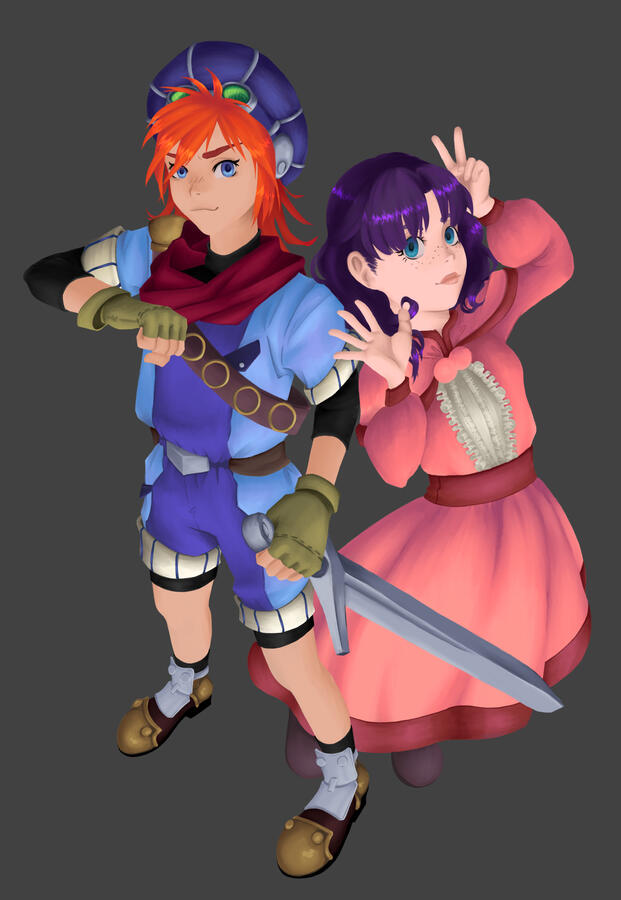 an illustration of Justin and Sue from Grandia, posing together in celebration