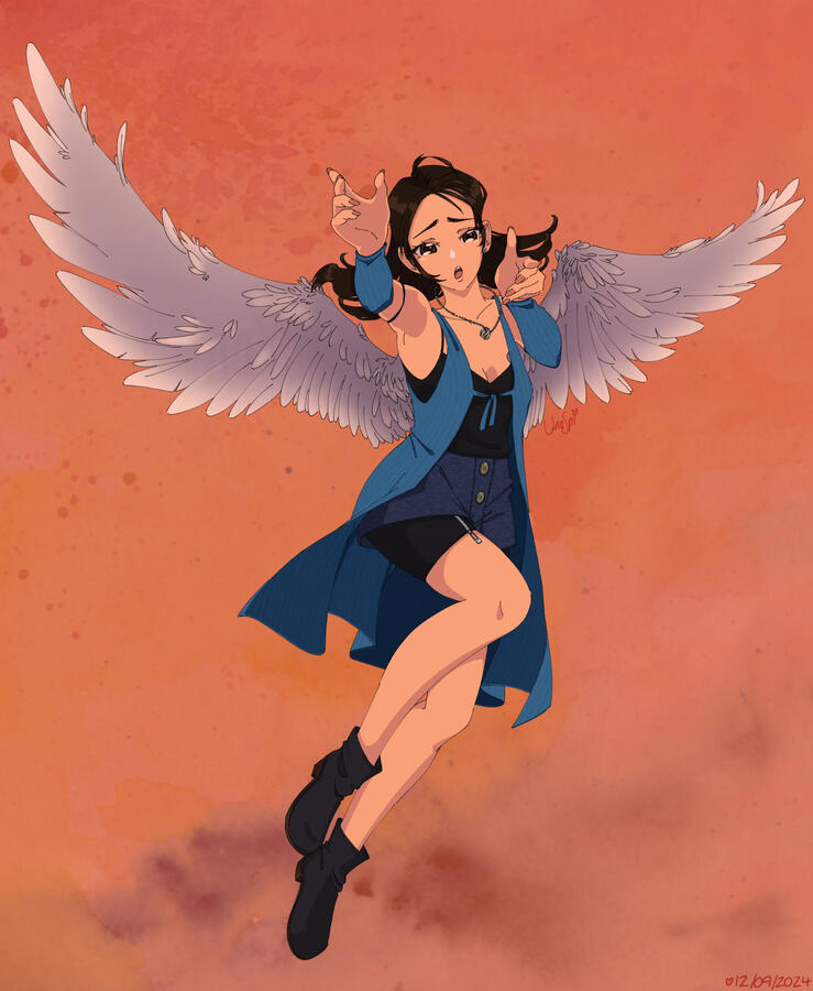 a cell-shaded illustration of Rinoa from Final Fantasy VIII. she reached out to the viewer with outspread wings.