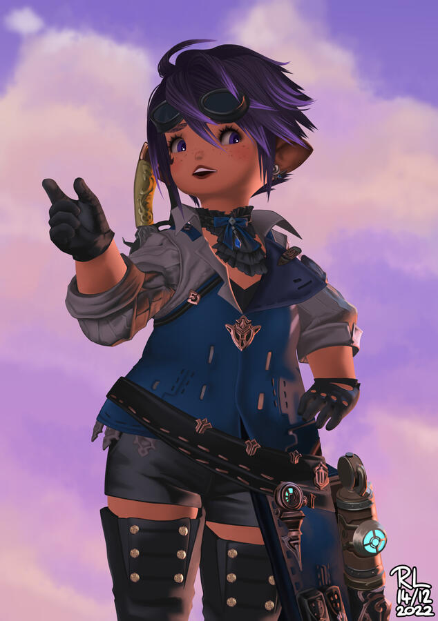 an illustration of a Final Fantasy XIV lalafell woman dressed in blue machinist attire with a confident expression.