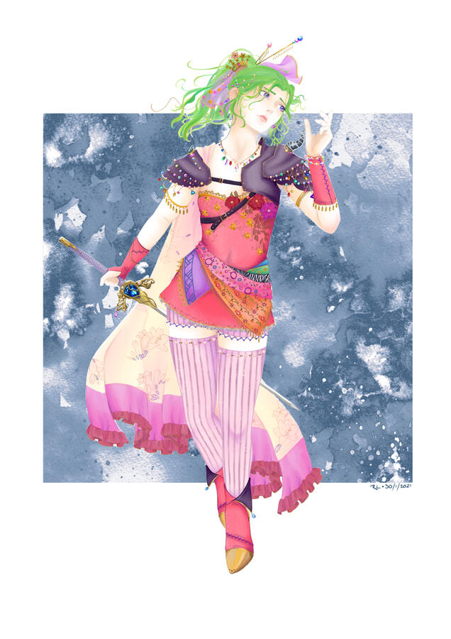 a digital watercolour illustration of Terra from Final Fantasy VI, brandishing a decorative sword.