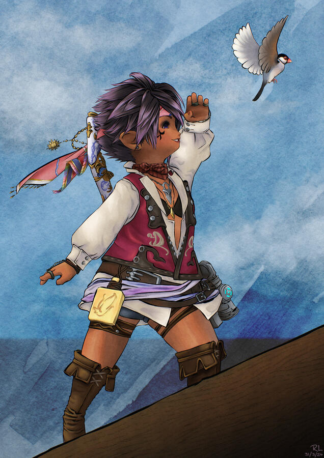 an illustration of a Final Fantasy XIV lalafell woman dressed in pirate-like attire. she is looking out to sea, as a java sparrow flies by.