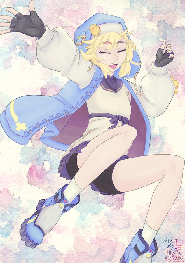a digital watercolour illustration of Bridget from Guilty Gear, leaping joyfully. the abstract background is in the colours of the transgender pride flag.