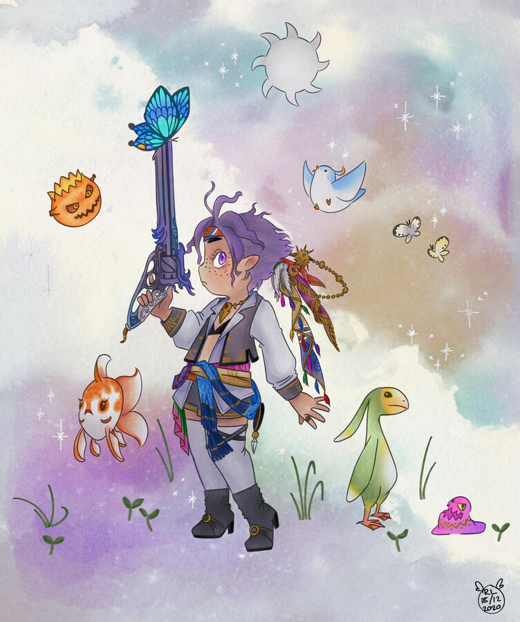an illustration of a Final Fantasy XIV lalafell woman dressed in pirate-like attire. she is holding a large gun and surrounded by various small creatures.