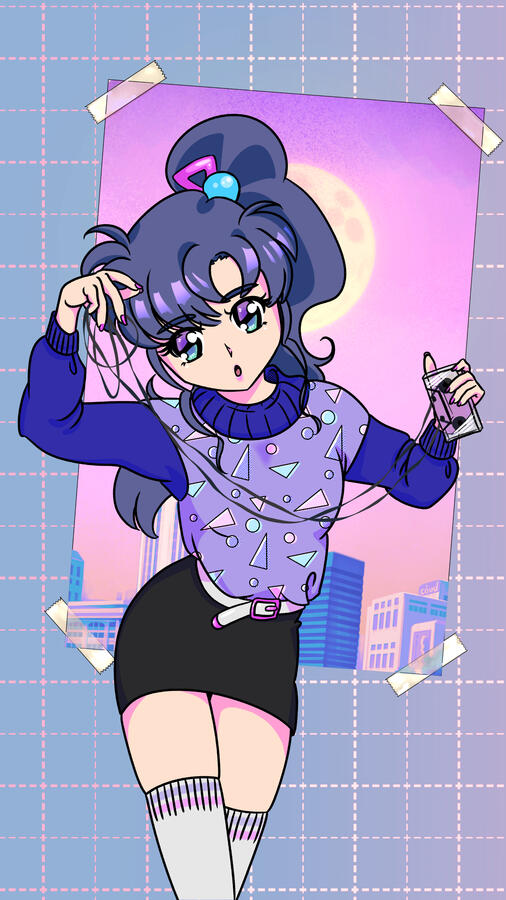 a cell-shaded illustration of vtuber unaspi in very 80's attire, pulling the tangled tape from a cassette.