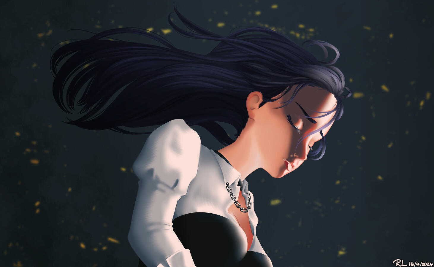 an illustration of vtuber unaspi, dramatically lit with her hair blowing in the wind. this is based on a shot from ARTMS' "Birth" music video.