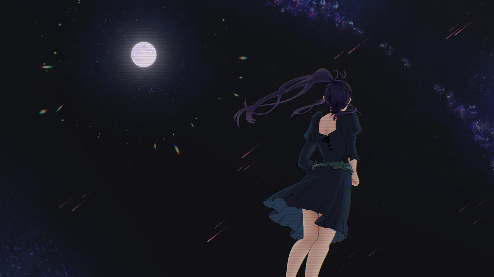 an illustration of vtuber unaspi, she is seen from behind with the wind tugging her hair and dress, as the full moon glows in the sky.